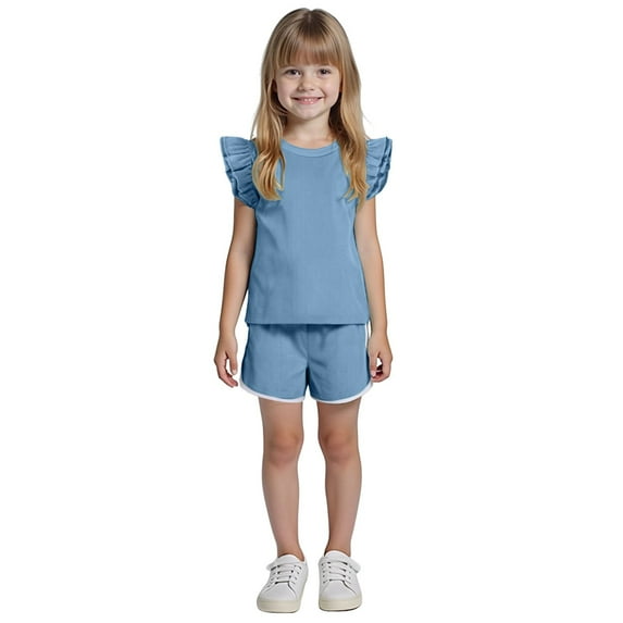 Povozer Girls Clothe Summer Solid Color Outfits Set Toddler Girls Top Shorts Set(Blue,18-24M)