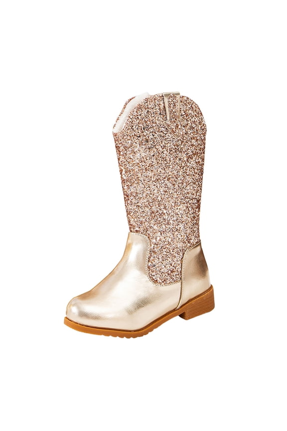 Cowgirl Boots for Little Girls Mid Calf Pointed Toe Kid Cowboy Boots(Gold,13)