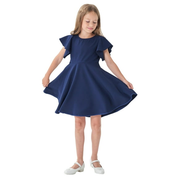 Povozer Girls Dress Ruffle Short Sleeve Fluffy Summer Party Dress for Kids(Navy,2-3 Years)
