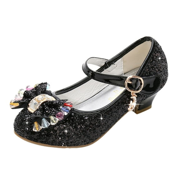 Povozer Girls Dress Shoes Adorable Sparkle Mary Jane Flats for Wedding Party(Black,9-9.5 Years)