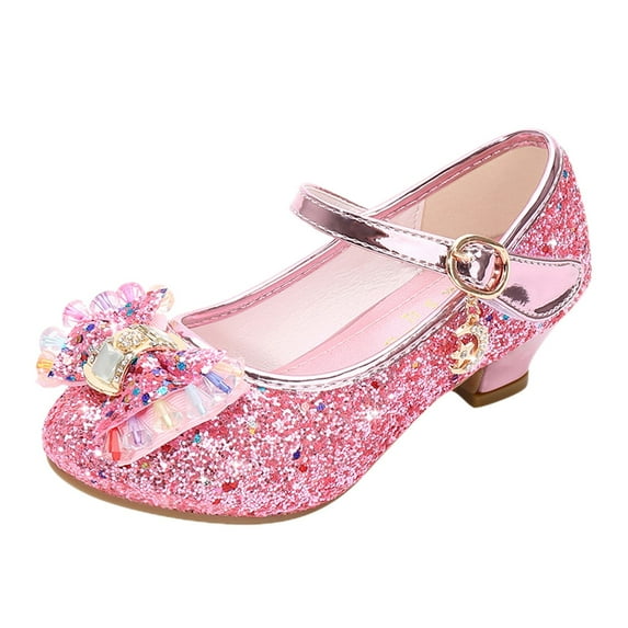 Povozer Girls Dress Shoes Adorable Sparkle Mary Jane Flats for Wedding Party(Pink,7-8 Years)