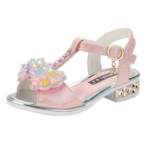 Povozer Girls Dress Shoes Crystal Sparkle Mary Jane Sandals Princess Heels for Wedding Party(Pink,Little Kid 12.5)