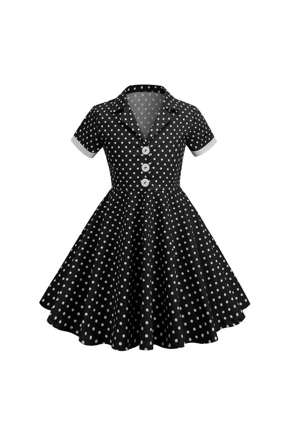Girls Dress Vintage Polka Dot Flower Prom Party Tea Dress Kids Formal Cocktail Evening Gown(Black,M)