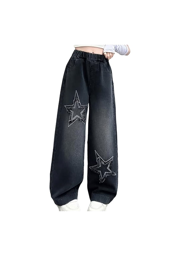 Girls Flare Jeans Girls Jeggings Teen Girls Jeans Cute Graphic Print & Ripped Frayed Details Five Pockets Loose Fit Denim Pants with Zipper Fly,Size 8-9 Years,Black