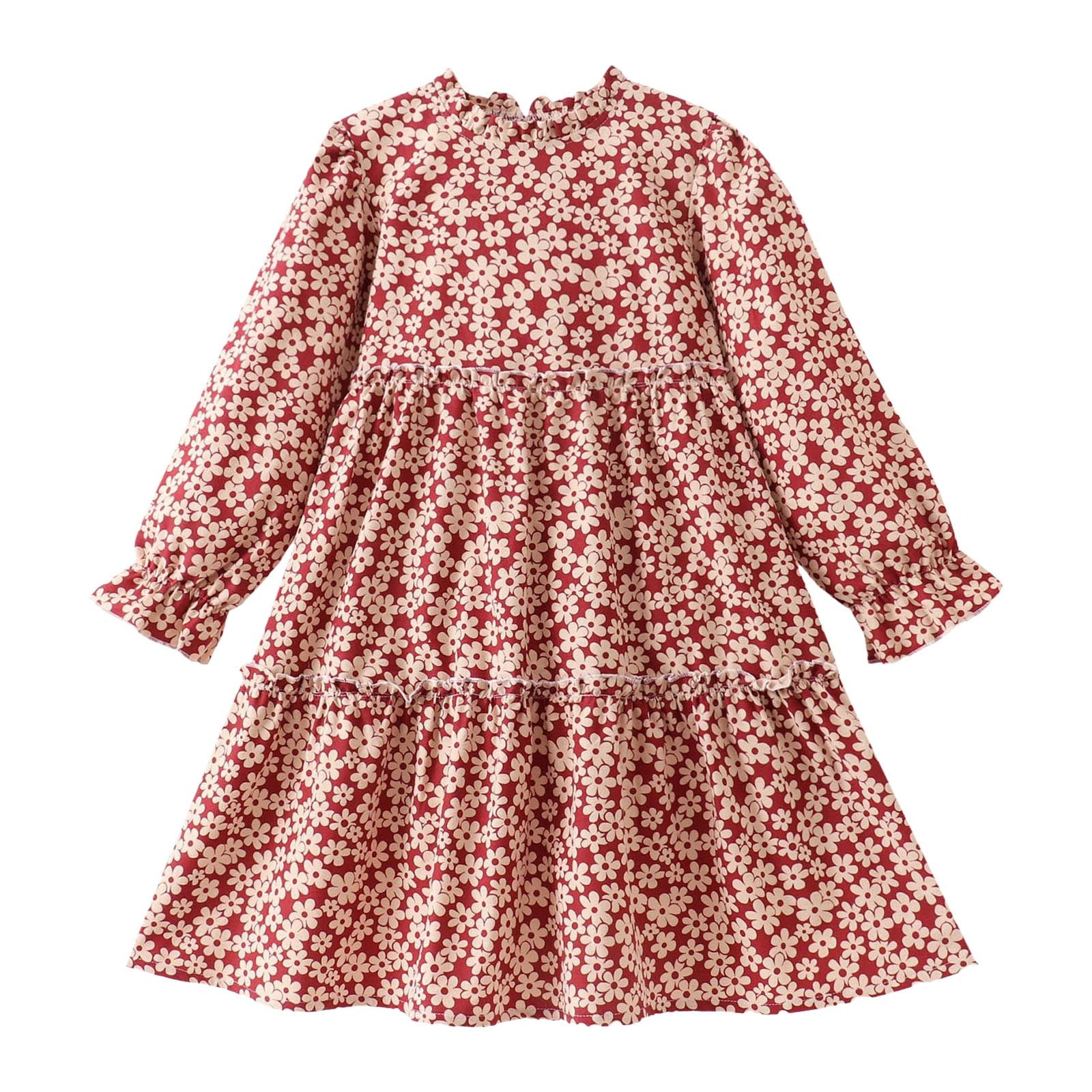 Povozer Girls' Floral Long Sleeve Dresses Kid Neck High