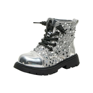 Povozer Girls Glitter Ankle Boots Lace Up Waterproof Combat Shoes With Side Zipper for Kid(Silver,4.5-5 Years)