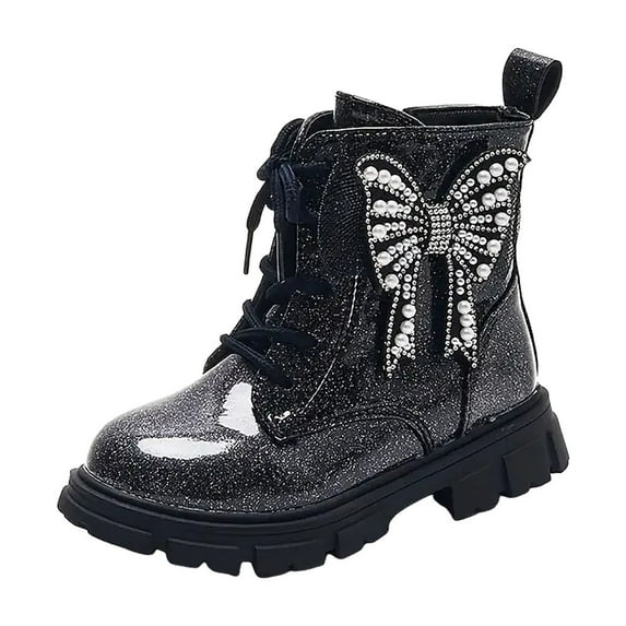 Povozer Girls Glitter Ankle Boots Lace up Waterproof Combat Shoes with Side Zipper(Black,13)