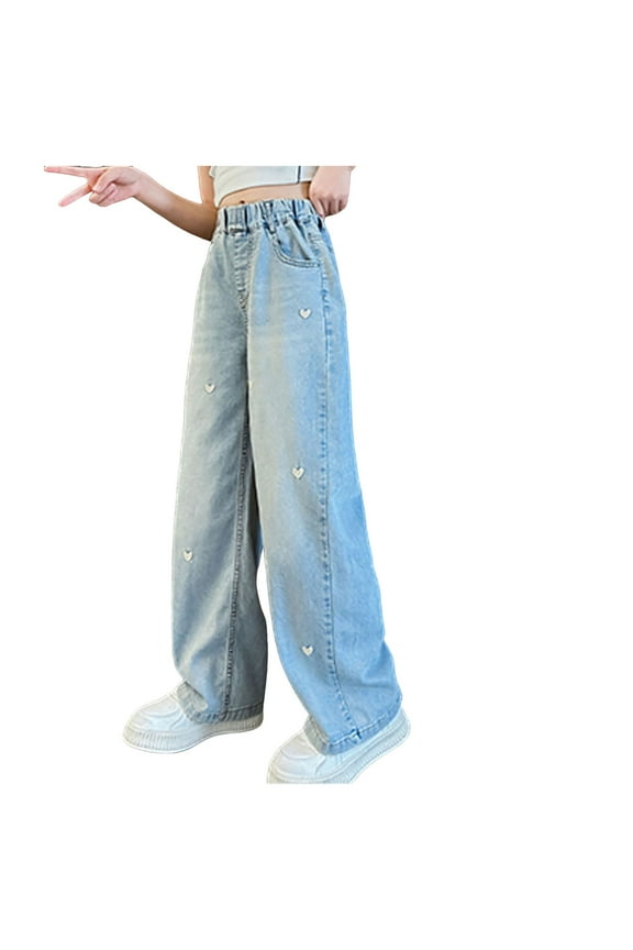 Girls Baggy Jeans Size 4-14 Casual Wide Cool Ripped Straight Leg Baggy Jeans for Teens Casual Aesthetic Heart Trousers Denim Pants Size for 8-9 Years,Blue