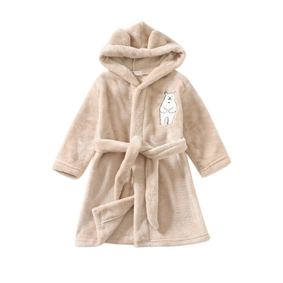 Povozer Girls Hooded Robes Bath Robe for Kids Soft Fuzzy Bathrobe for Girl(Khaki,7-8Y)