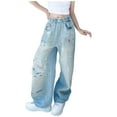 thumbnail image 1 of Povozer Girls Jeans Denim Elastic High Waisted Wide Leg Baggy Pants with Pockets(Blue,10-11Y), 1 of 4