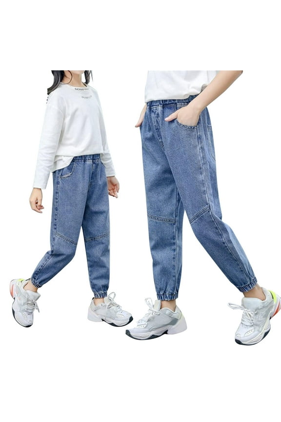 Girls Jeans Kids Girls Casual Denim Pants Elastic Waist Casual Jeans Pants Sports(Blue,8-9 Years)