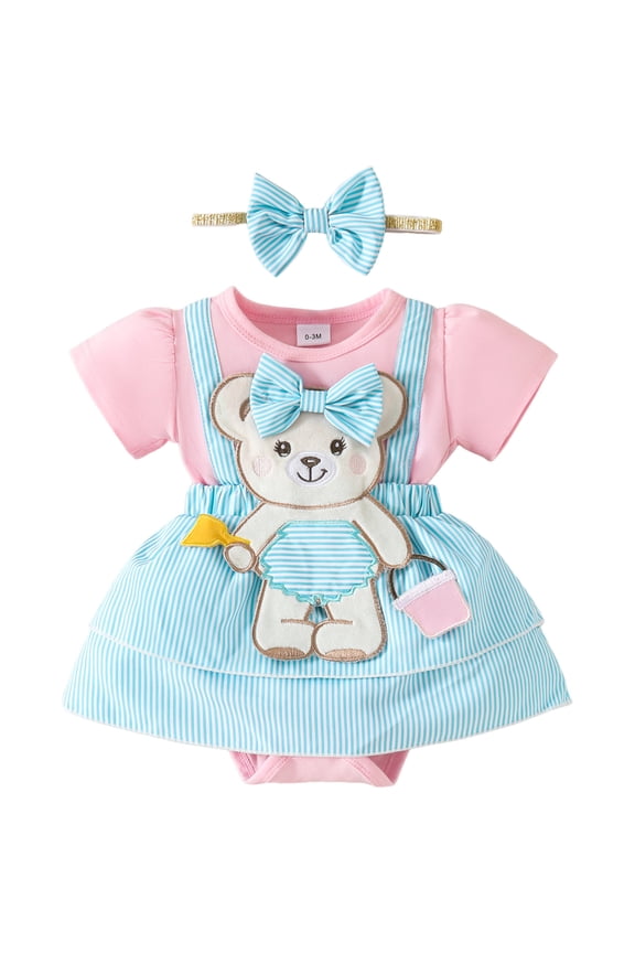 Girls Jumpsuit Romper Bodysuits For Baby Newborn Baby Girl Romper Dress Short Sleeve Cute Bear Embroidery Bodysuit Dress Infant Summer Clothes Size 0-3 Months,Pink