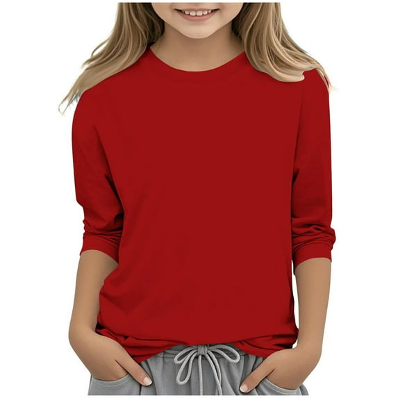 Povozer Girls Long Sleeve Cute Shirt Kids Crewneck T Shirts Girls Tops Clothes(Red,6-7Y)