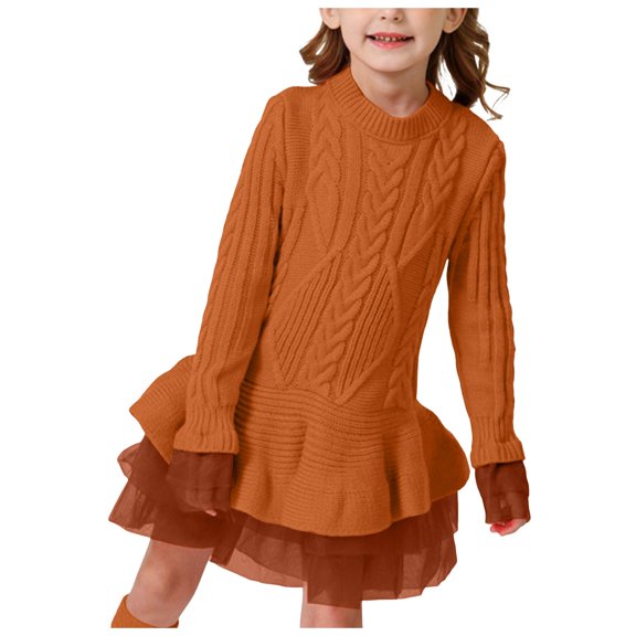 Povozer Girls' Long Sleeve Girl Dresses Ribbed Knit Sweater Dress(Brown,18-24M)