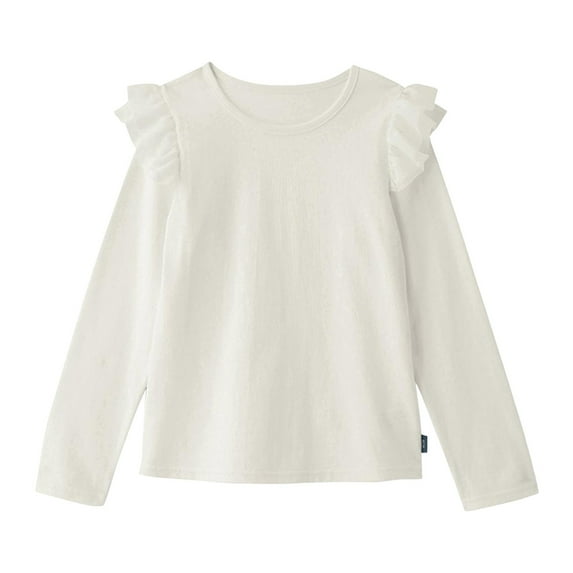 Povozer Girls' Basic Long Sleeve Round Neck Cotton T-Shirt(White,10-12Y)