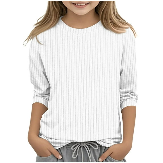 Povozer Girls Long Sleeve Shirts Plain Shirts Trendy Cute Shirt Kids Crewneck T Shirts Girls Tops(White,7-8Y)