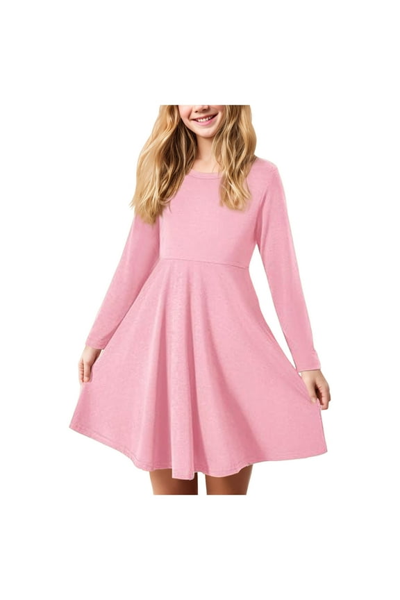 Girls Long Sleeve Stretchy Dress A line Twirly Skater School Party Dress(Pink,4-5 Years)