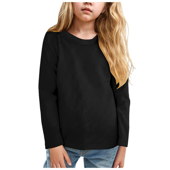 Povozer Girls Long Sleeve T-Shirt Cotton Rib-Knit Tees Toddler Basic Warm Round Neck Tops(Black,9-10 Years)