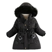 POVOZER Girls' Long Winter Coats Warm Parka Lined Puffer Jacket Thicken Fleece Hooded Coat with Collar for Girls(Black,7-8 Years)