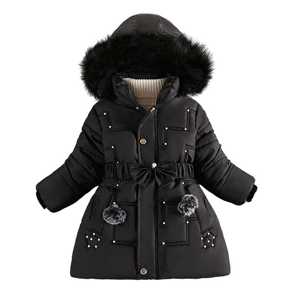 Povozer Girls' Long Winter Coats Warm Parka Lined Puffer Jacket Thicken Fleece Hooded Coat with Collar for Girls(Black,7-8 Years)