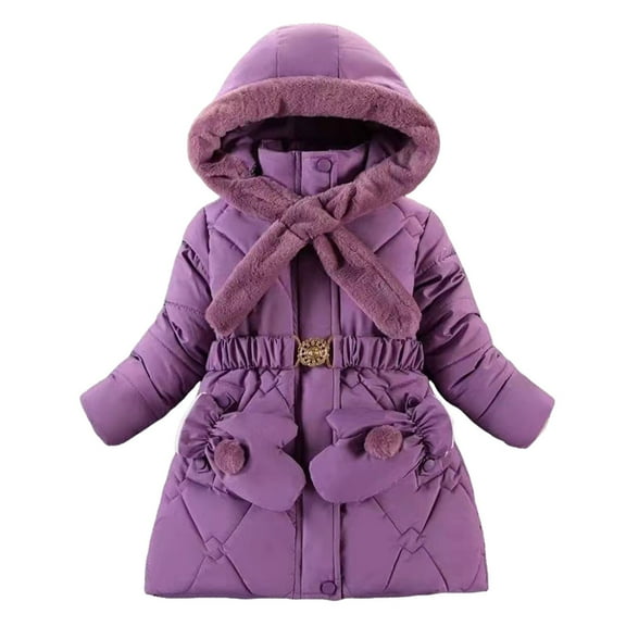 Povozer Girls' Long Winter Coats Warm Parka Lined Puffer Jacket Thicken Fleece Hooded Coat with Collar for Girls(Purple,8-9 Years)