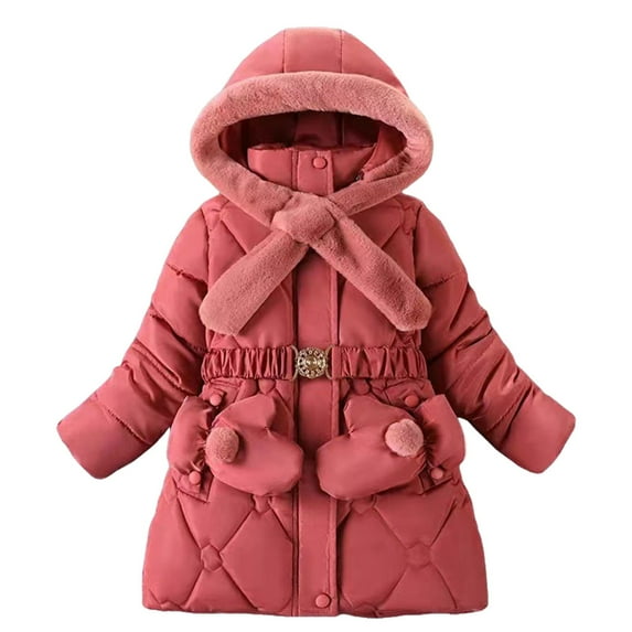 Povozer Girls' Long Winter Coats Warm Parka Lined Puffer Jacket Thicken Fleece Hooded Coat with Collar for Girls(Watermelon Red,9-10 Years)