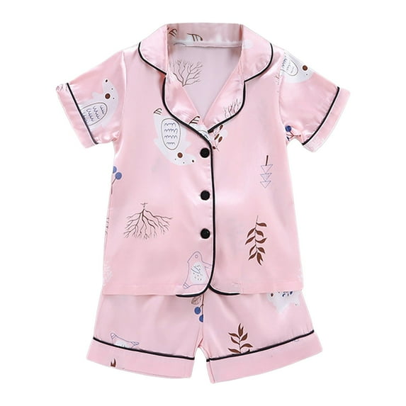 Povozer Girls Pajamas Cotton Soft PJS Summer Girls Pajamas Silk Satin Pajama Sleepwear Button Down Pj Set Loungewear for 18-24 Months,Pink