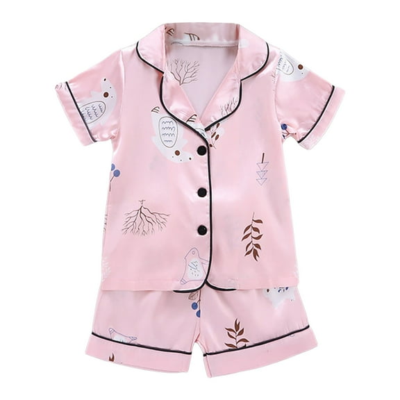 Povozer Girls Pajamas Cotton Soft PJS Summer Girls Pajamas Silk Satin Pajama Sleepwear Button Down Pj Set Loungewear for 18-24 Months,Pink