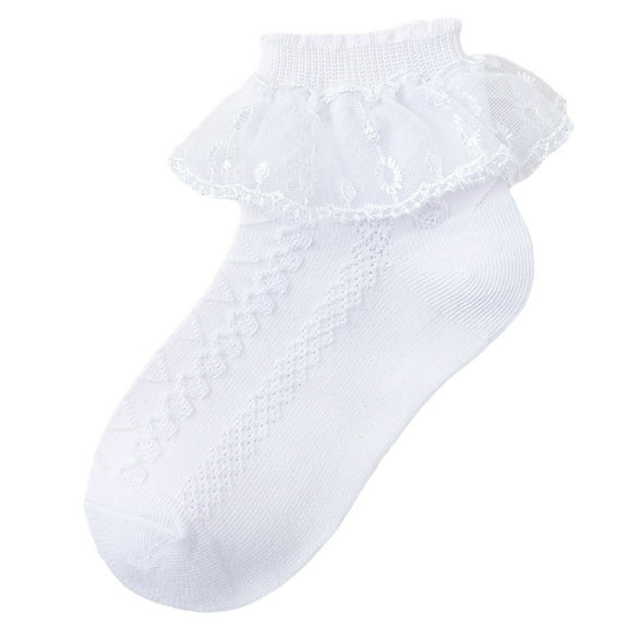 Povozer Girls Ruffle Socks Lace Socks Frilly Socks Cotton Dress Socks for Girls(White,4-6Y)