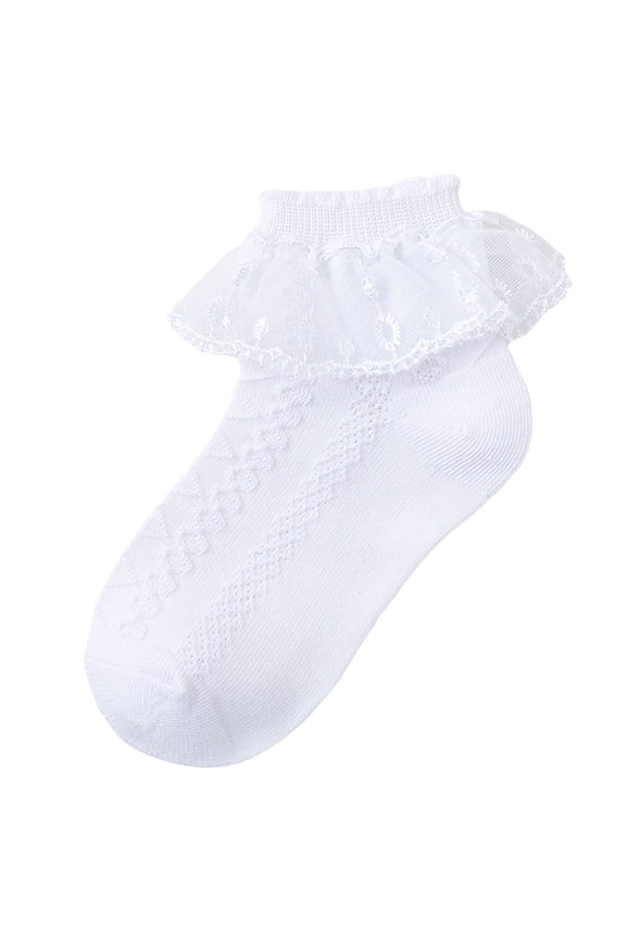 Girls Ruffle Socks Lace Socks Frilly Socks Cotton Dress Socks for Girls(White,7-9Y)