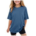 thumbnail image 1 of Povozer Girls Shirts Short Sleeve 2025 Girls Pleated Short Sleeve T Shirts Kids Summer Crewneck Shirts Casual Tops Tees for 110,Navy, 1 of 6