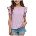 thumbnail image 1 of Povozer Girls Short Sleeve Oversized T Shirts Girls T Shirts Ruffle Sleeve Twist Front Tshirts Summer Casual Crewneck Tees Tops for 10-11 Years,Purple, 1 of 5