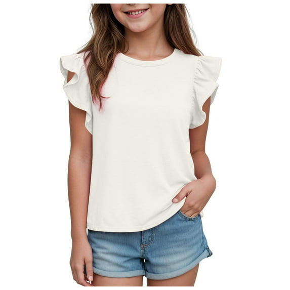 Povozer Girls' Short Sleeve Shirts Kids Crewneck T-Shirts Girls T Shirts Ruffle Sleeve Twist Front Tshirts Summer Casual Crewneck Tees Tops for 6-7 Years,White
