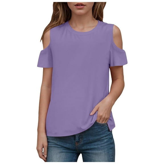 Povozer Girls Short Sleeve T Shirts Girls Pleated Oversized T Shirts Kids Summer Short Sleeve Crewneck Casual Tops Tees for 7-8 Years,Purple