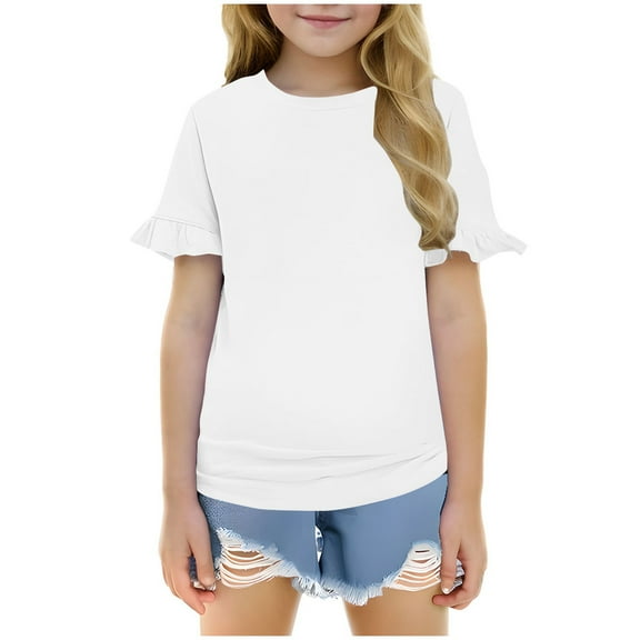 Povozer Girls' Summer Cute T Shirts Girls T Shirts Double Layer Ruffle Short Sleeve Kids Summer Crewneck Tunic Tee Tops for 5-6 Years,White