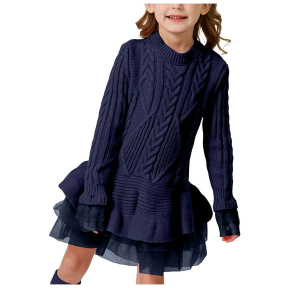 Povozer Girls' Long Sleeve Girl Dresses Ribbed Knit Sweater Dress(Navy,6-7Y)