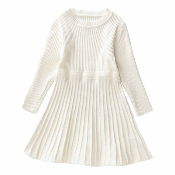 Povozer Girls Sweater Dress Long Sleeve Knit A Line Casual Winter Dresses(White,8-9Y)