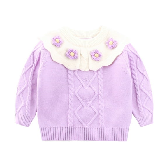 Povozer Girls Sweater Pullover Crew Neck Warm Patterns Casual Knitwear(Purple,2-3 Years)