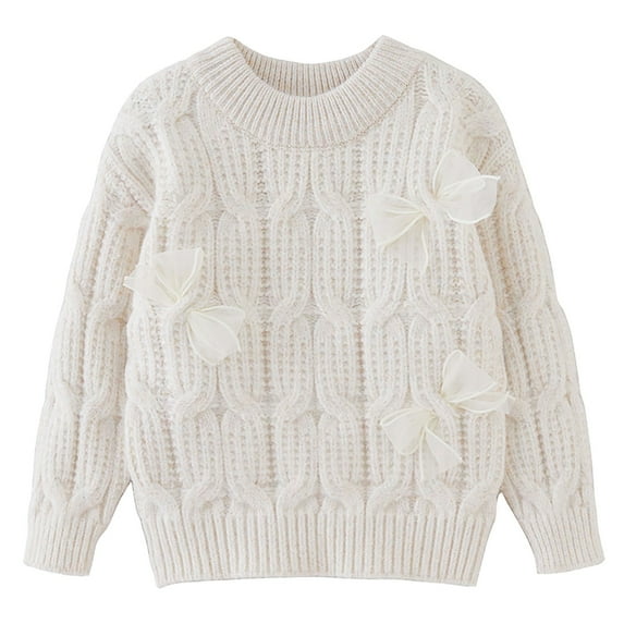 Povozer Girls Sweaters Long Sleeve Cable Knit Sweater Pullover Jumper(White,3-4Y)
