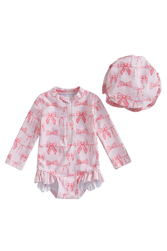 Girls Swimsuit 2 Piece Bathing Suit 2025 Baby Swimsuit Girl Long Sleeve UPF 50+ Sun Protection One-Piece Rash Guard with Hat Zipper Bathing Suit for 6-12 Months,Light Pink