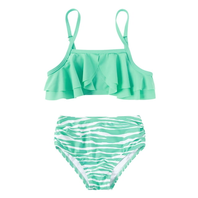 Povozer Girls Swimsuit 2-Piece Ruffle Bathing Suits for Kids (Green, 8 ...
