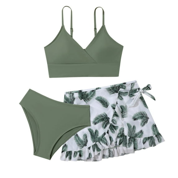 Povozer Girls Swimsuit 3 Piece Bikini Set Girls' 3 Piece Set Floral Print Bikini Swimsuit with Drawstring Beach Skirt Cute Ruched Bathing Suit for 12Y/13Y,Green