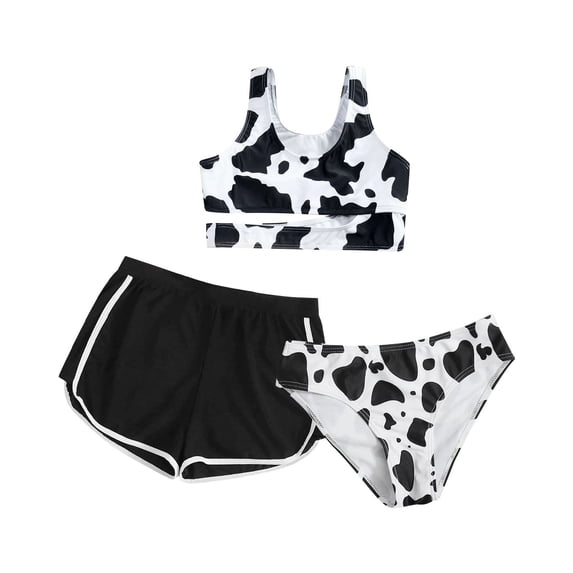Povozer Girls Swimsuit, Bathing Suits 3 Piece Tropical Floral Twist Cross Bikini Sets Girls' Swimwear(White,13-14 Years)