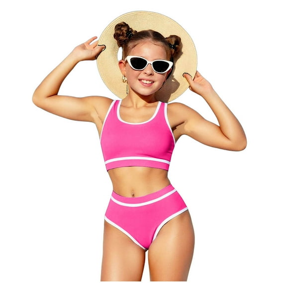 Povozer Girls Swimsuit Double Strap High Waist Sporty Bikini Swimsuits Swim Cover Up Skirt 2 Piece Set for 11-12 Years,Hot Pink