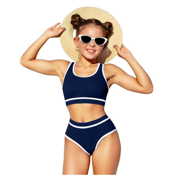 Povozer Girls Swimsuit Double Strap High Waist Sporty Bikini Swimsuits Swim Cover Up Skirt 2 Piece Set for 12-13 Years,Dark Blue