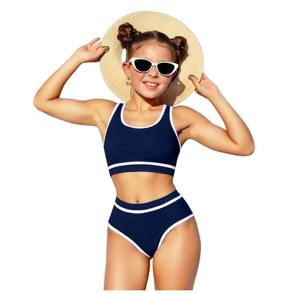 Povozer Girls Swimsuit Double Strap High Waist Sporty Bikini Swimsuits Swim Cover Up Skirt 2 Piece Set for 14-15 Years,Dark Blue