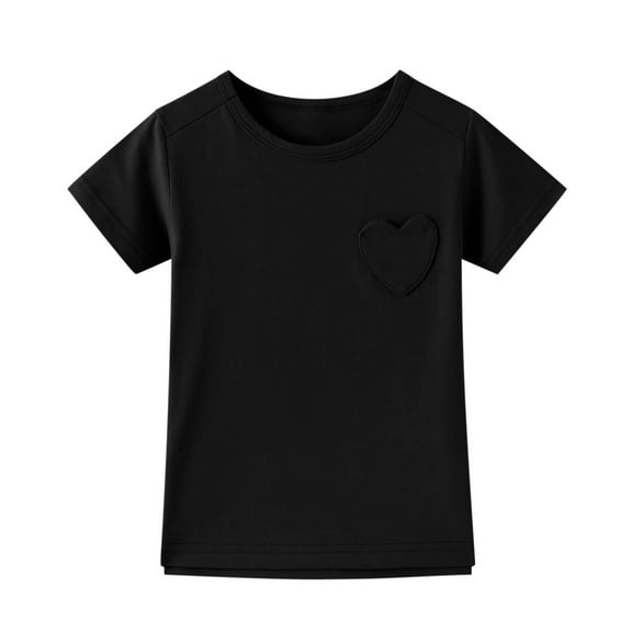 Povozer Girls' Tees Girls Short Sleeve Heart Pocket Kids Shirts for Girls Tshirt Graphic Tee Shirt Litter Girls Tops for 10-11 Years,Black