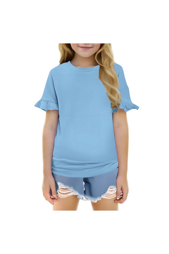 Girls' Tees Girls T Shirts Double Layer Ruffle Short Sleeve Kids Summer Crewneck Tunic Tee Tops for 7-8 Years,Blue