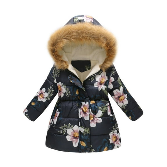 Povozer Girls' Long Winter Coats Warm Parka Lined Puffer Jacket Thicken Fleece Hooded Coat with Collar for Girls(Navy,6-7 Years)