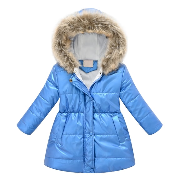 Povozer Girls Warm Winter Coats Thicken Long Parka Fleece Puffer Jacket(Blue,6-7Y)